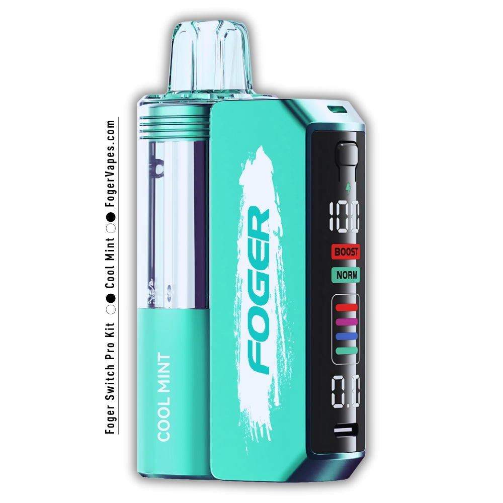 Foger Switch Pro 30K Puffs Disposable Cool Mint featuring a sleek turquoise body with white branding, a transparent liquid tank, and a digital display with Boost and Normal puff modes, delivering a refreshing and icy mint-flavored vaping experience.