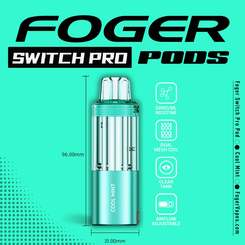 Foger Switch Pro Pod Cool Mint design showcasing a stylish turquoise body with a transparent liquid tank, dual mesh coil for enhanced flavor, adjustable airflow, and a nicotine strength of 50mg/ml. Dimensions (96mm x 31mm) are displayed alongside features, set against a vibrant turquoise background.