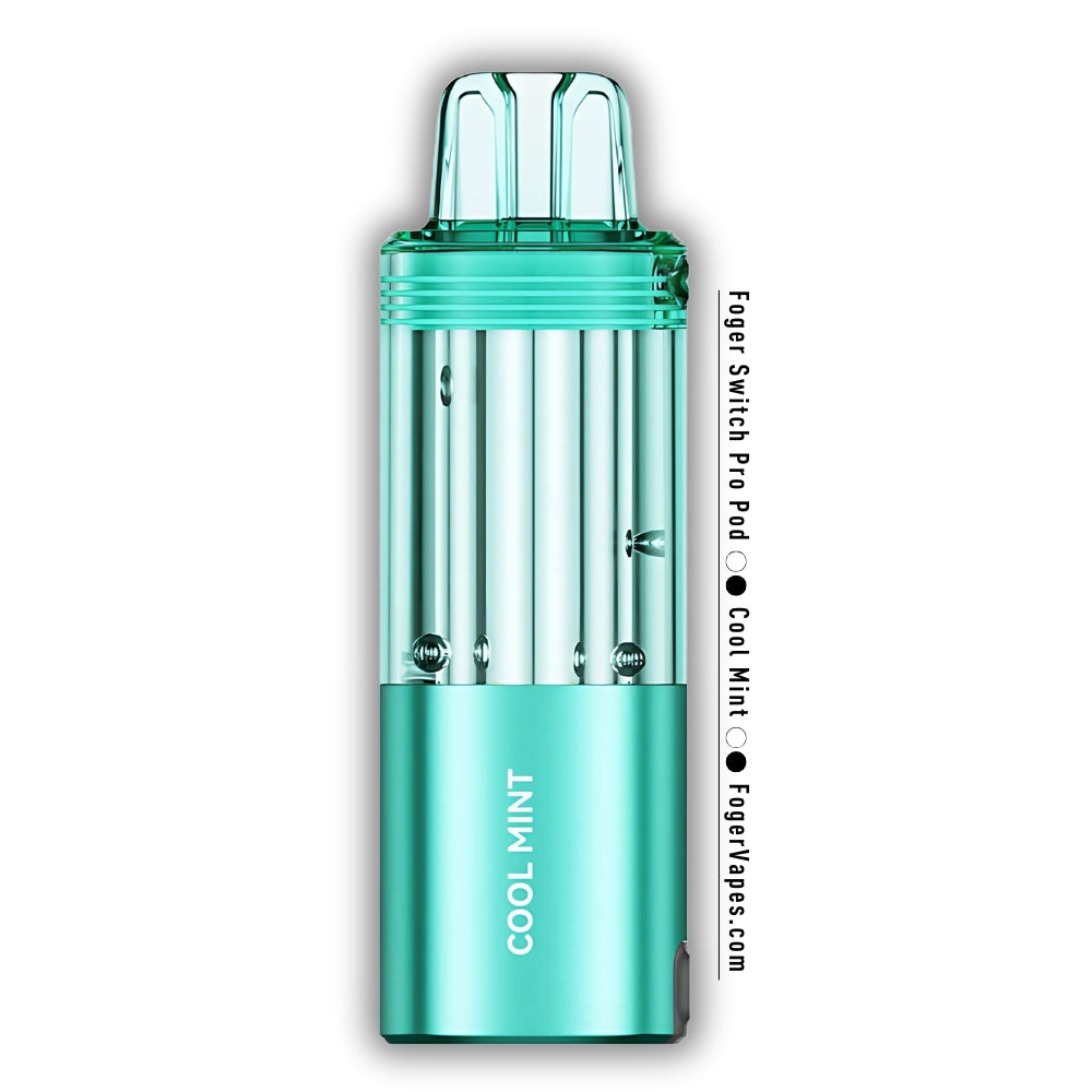 Cool Mint Foger Switch Pro Pod with 30K Puffs, showcasing a sleek teal finish and transparent tank design. This disposable vape pod delivers a crisp and refreshing mint flavor, offering a stylish and premium vaping experience.