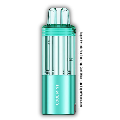 Cool Mint Foger Switch Pro Pod with 30K Puffs, showcasing a sleek teal finish and transparent tank design. This disposable vape pod delivers a crisp and refreshing mint flavor, offering a stylish and premium vaping experience.