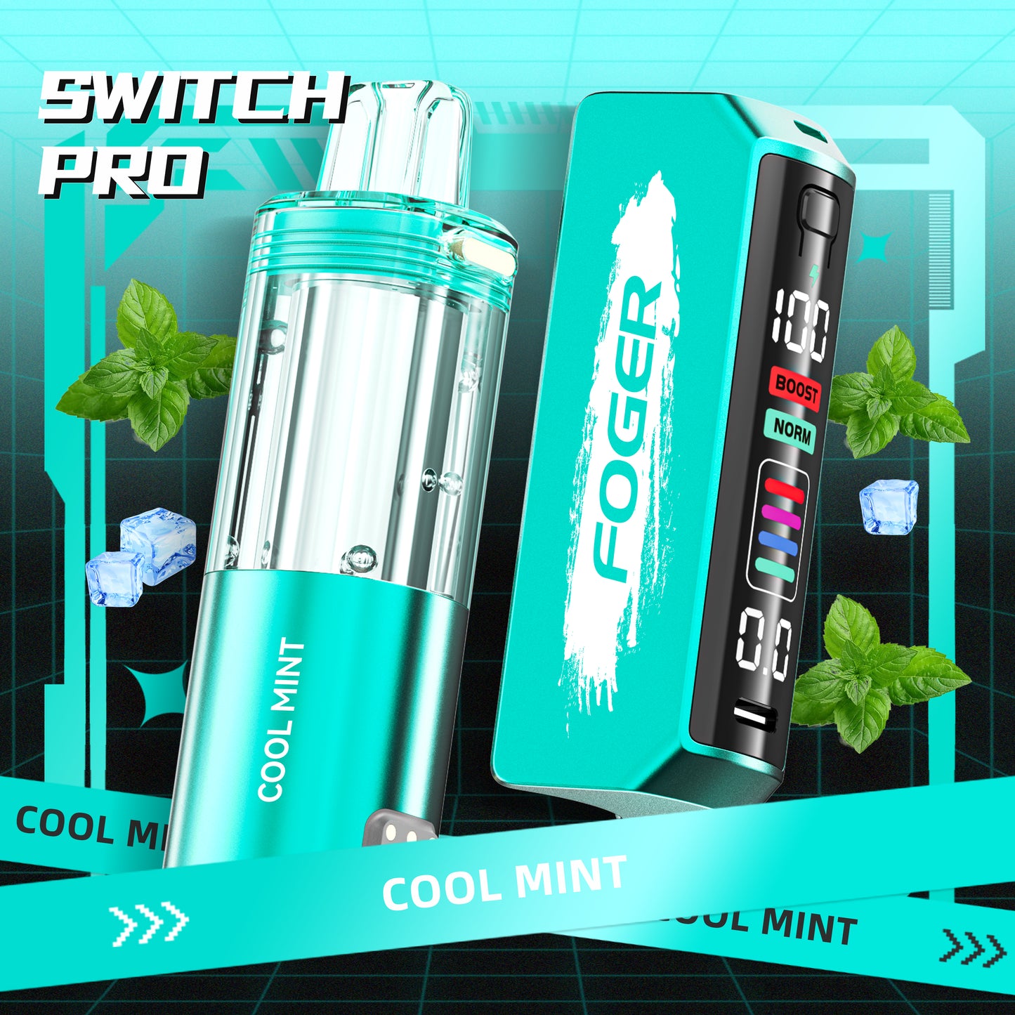 Foger Switch Pro Pod in Cool Mint flavor, featuring a crisp green finish with a clear tank. Enjoy up to 30K puffs of refreshing minty coolness with cutting-edge vaping performance from Foger Vapes.