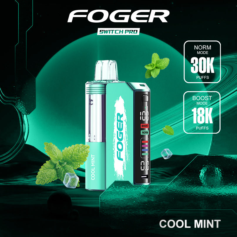 Foger Switch Pro Kit in Cool Mint flavor, perfect for those who enjoy a refreshing, minty experience. The vape kit offers 30,000 puffs with dual mesh coils, adjustable airflow, and an OLED display, ideal for menthol fans seeking a cooling sensation.