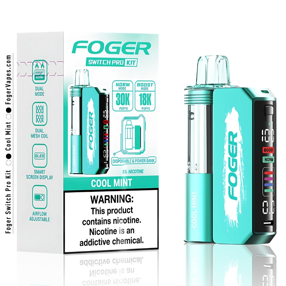 Foger Switch Pro Kit in Cool Mint flavor featuring a sleek teal design, dual mode functionality (Norm Mode: 30,000 puffs, Boost Mode: 18,000 puffs), dual mesh coil technology, OLED smart display, and adjustable airflow. Includes a disposable device with power bank capability and 5% nicotine content. The box highlights the product’s premium features and nicotine warning.