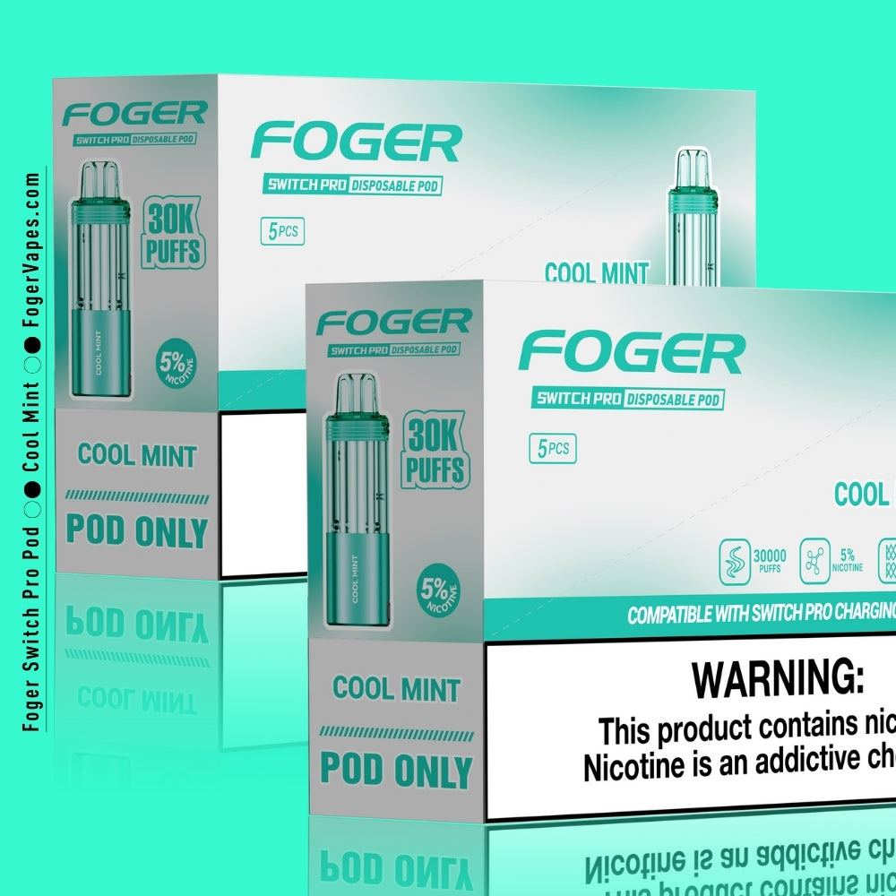 Foger Switch Pro Cool Mint Disposable Pod 10-Pack Premium vape pods with 30,000 puffs each and 5% nicotine strength. The sleek teal-colored packaging highlights the refreshing and invigorating cool mint flavor, offering a crisp and icy vaping experience. Designed with dual mesh coil technology, adjustable airflow, and compatibility with the Switch Pro charging device, this product ensures long-lasting performance and ultimate satisfaction.