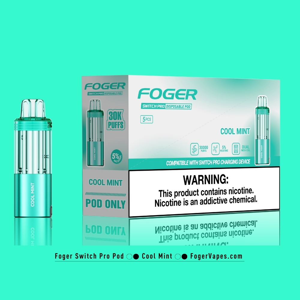 Foger Switch Pro Cool Mint Disposable Pod 5-Pack High-capacity vape pods offering 30,000 puffs each with 5% nicotine. The refreshing teal packaging emphasizes the crisp and invigorating cool mint flavor, perfect for a smooth and icy vaping experience. Featuring dual mesh coil technology, adjustable airflow, and compatibility with the Switch Pro charging device, this product ensures long-lasting performance and premium flavor.