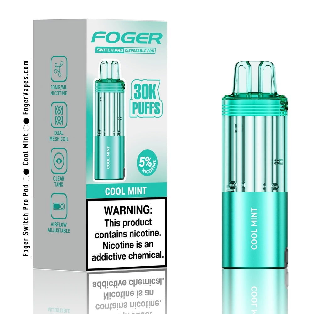 Foger Switch Pro Cool Mint Disposable Pod 30,000 Puffs Vape Device with 5% Nicotine, Dual Mesh Coil, and Adjustable Airflow. The sleek teal-colored device and packaging highlight the crisp and refreshing cool mint flavor, offering a smooth and icy vaping experience. Perfect for users seeking a long-lasting and invigorating vape with premium performance.