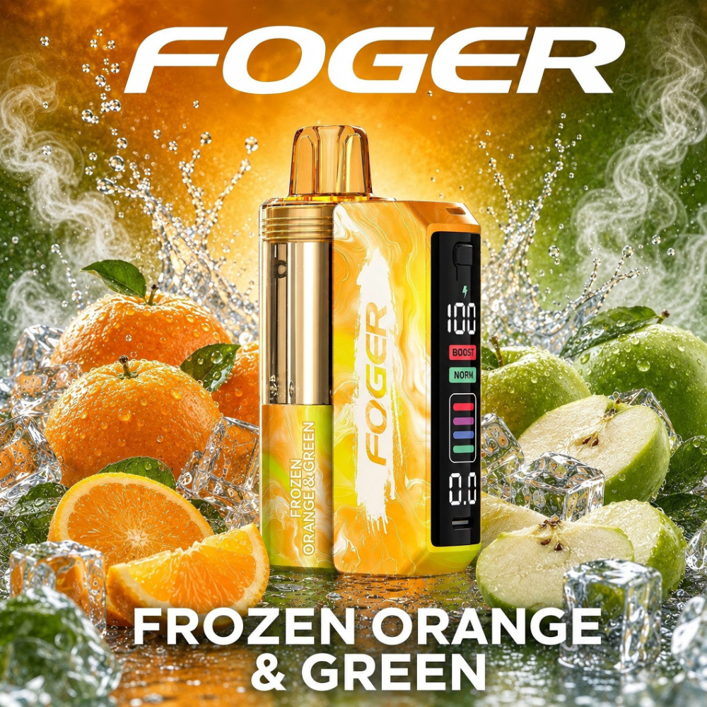 Frozen Orange and Green Foger Switch Pro Kit 30K puffs vape with LED display and oranges and green apples on ice