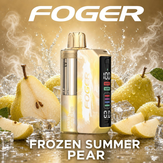 Frozen Summer Pear Foger Switch Pro Kit 30K puffs chilled vape with LED display and fresh pears on ice