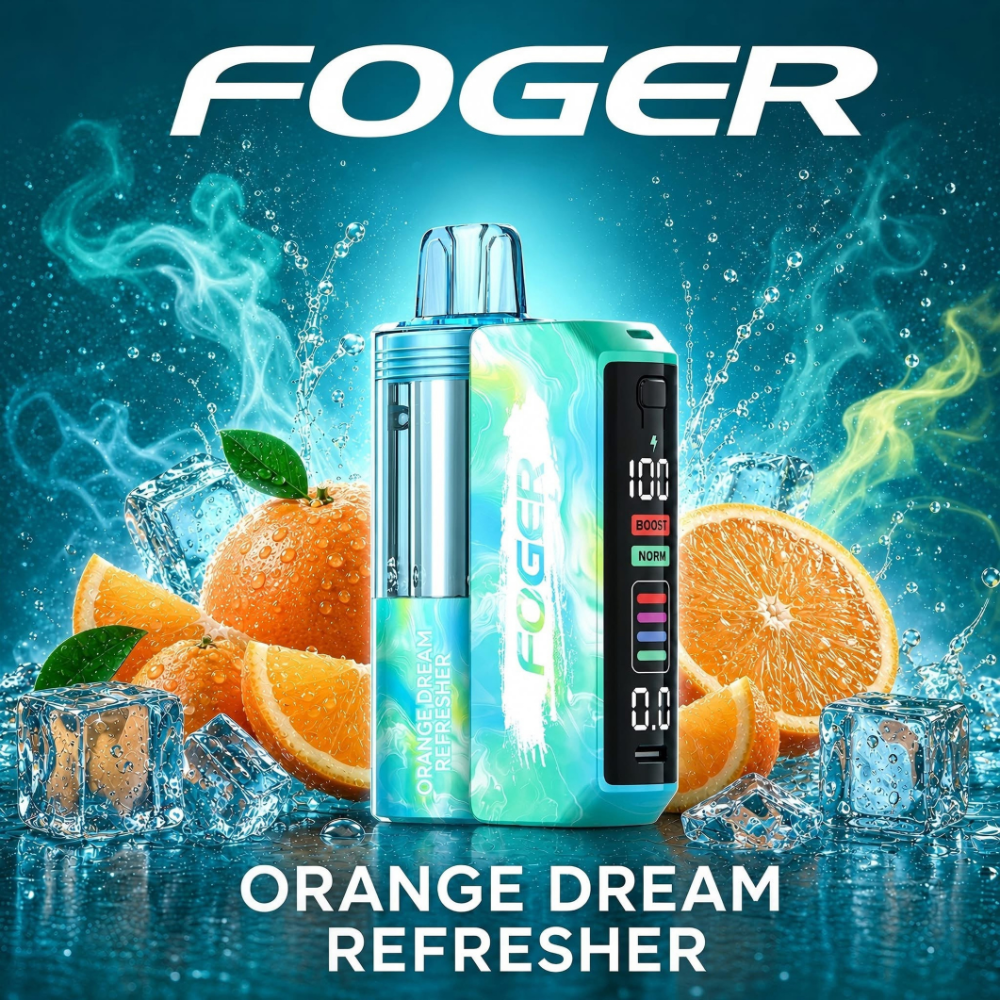 Orange Dream Refresher Foger Switch Pro Kit 30K puffs vape with LED display and fresh oranges on ice