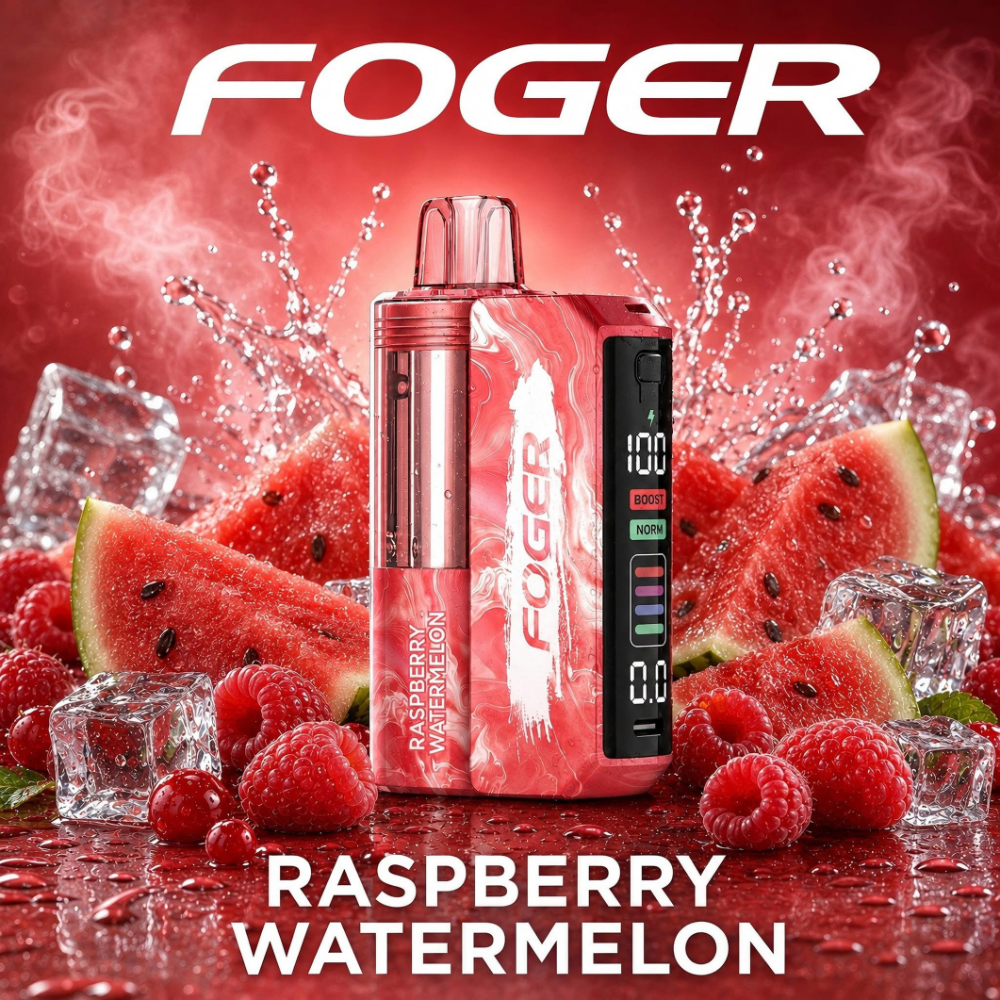 Raspberry Watermelon Foger Switch Pro Kit 30K puffs vape with LED display and raspberries and watermelon on ice