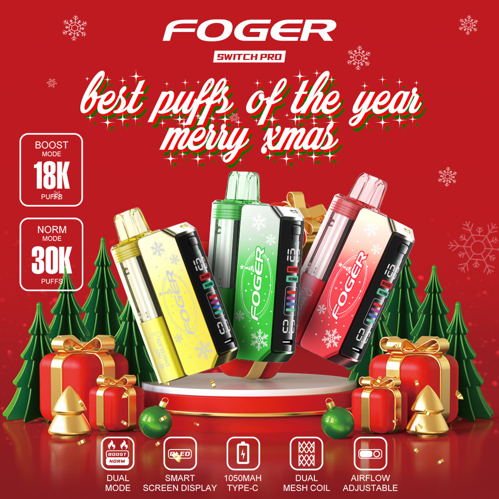 Foger Switch Pro 30K Puffs Holiday Edition featuring Hot Chocolate, Strawberry Cupcake, and Peppermint flavors. Holiday themed designs with dual vaping modes (18K Boost, 30K Norm), advanced LCD, and festive packaging for the ultimate seasonal vaping experience.