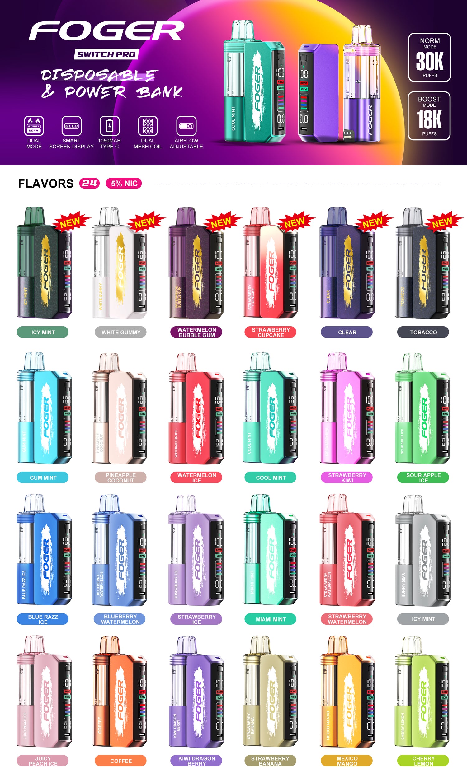 Foger Switch Pro Disposable & Power Bank collection showcasing 24 vibrant flavors, including Icy Mint, Watermelon Bubble Gum, Strawberry Cupcake, Cool Mint, and Pineapple Coconut. Features include dual mode (30K Norm, 18K Boost puffs), OLED smart display, 1050mAh Type-C charging, dual mesh coil, and adjustable airflow for an enhanced vaping experience.