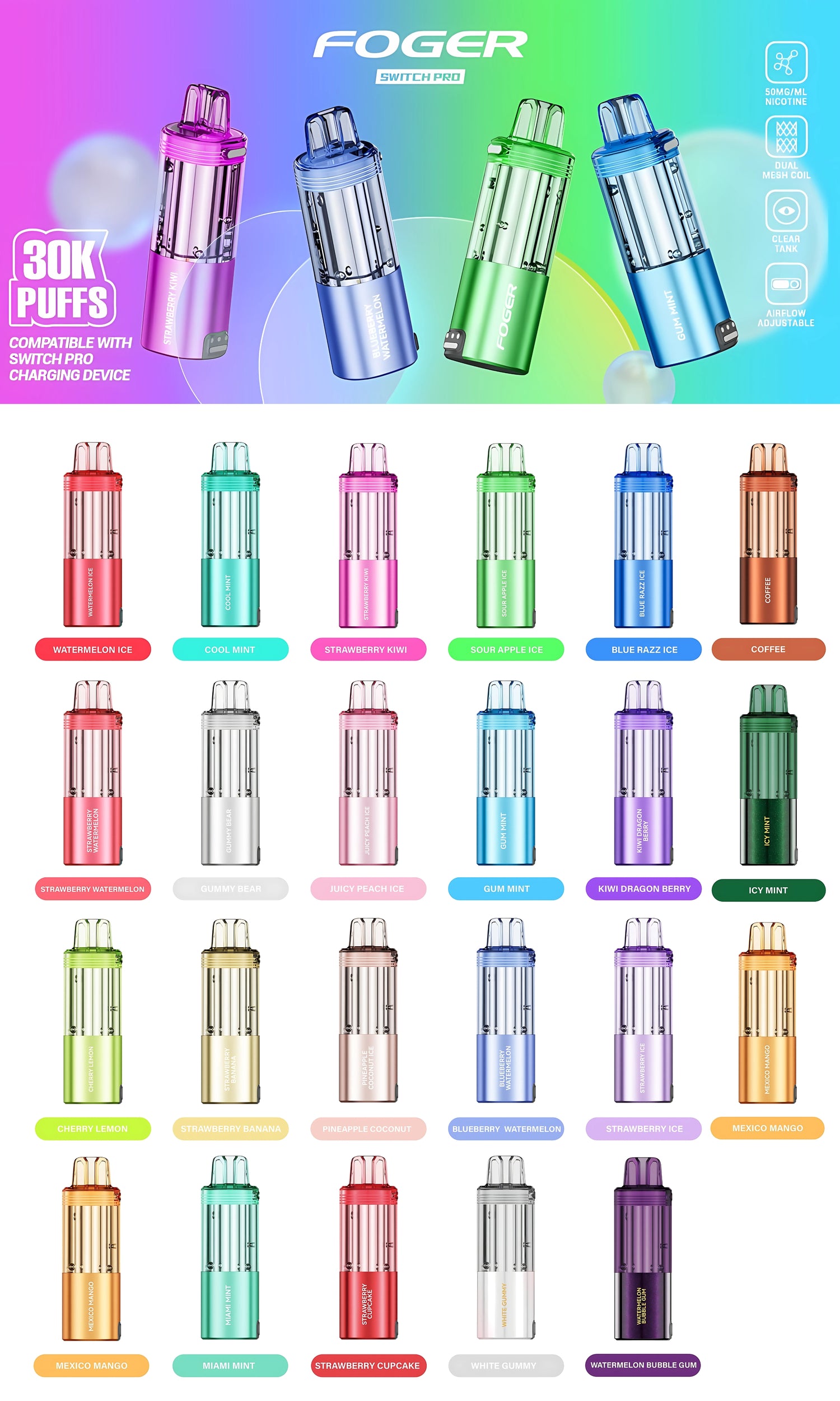 Foger Switch Pro Kit pod collection showcasing multiple flavors, including Watermelon Ice, Cool Mint, Strawberry Kiwi, Blue Razz Ice, and more, with a 30,000 puff capacity and compatibility with the Switch Pro charging device.