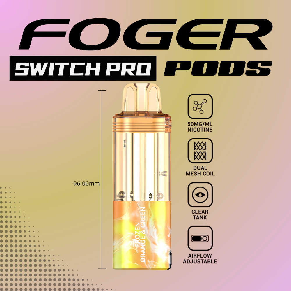 Foger Switch Pro Pod Frozen Orange and Green Refresher 30K puffs disposable vape with adjustable airflow