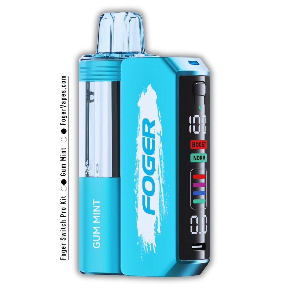 Foger Switch Pro 30K Puffs Disposable Gum Mint featuring a vibrant blue body with white branding, a transparent liquid tank, and a digital display with Boost and Normal puff modes, offering a refreshing and minty vaping experience.