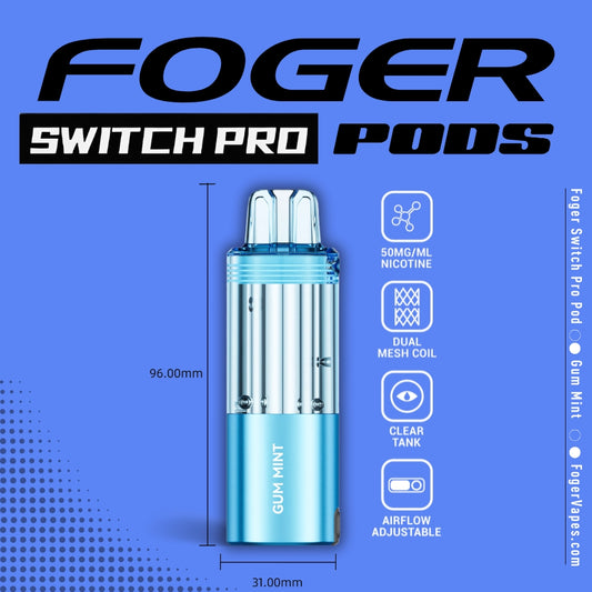 Foger Switch Pro Pod in Gum Mint flavor, showcasing a fresh blue design with a clear tank, dual mesh coil for smooth and consistent vapor, adjustable airflow, and 50mg/ml nicotine strength. Dimensions (96mm x 31mm) and key features are presented against a clean blue background with sleek branding.