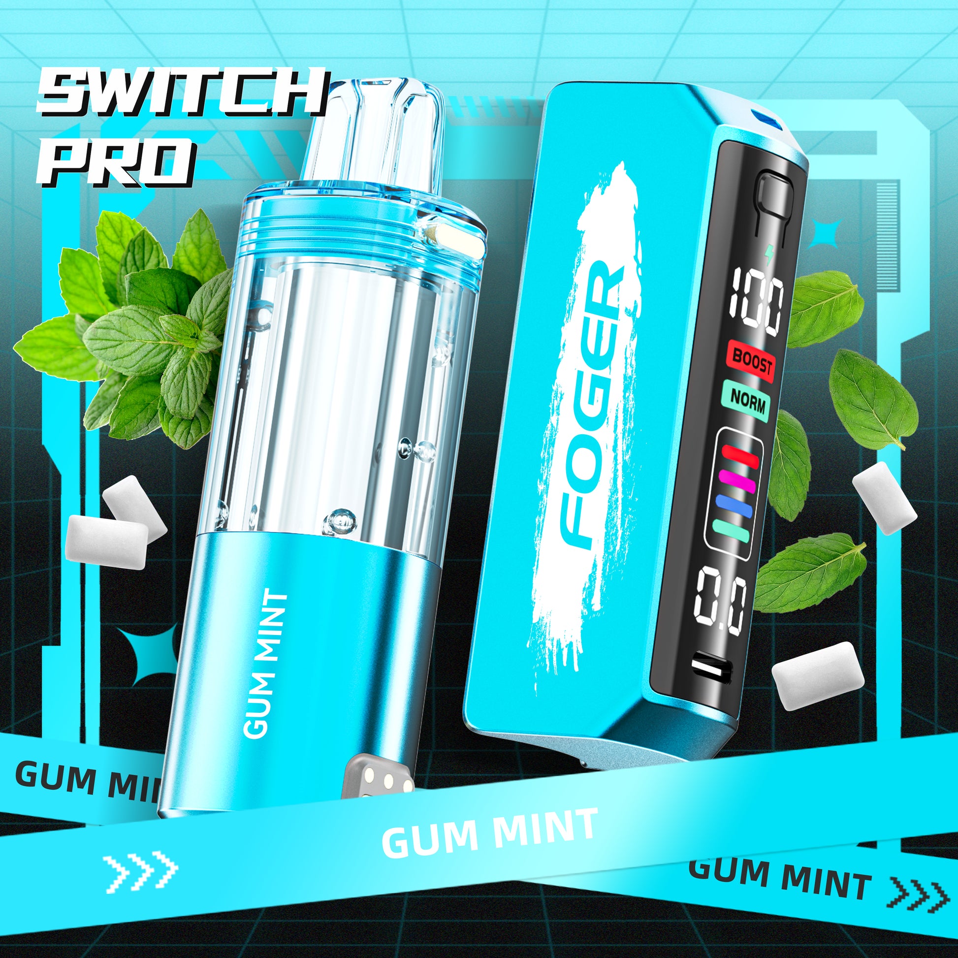 Foger Switch Pro Pod in Gum Mint flavor, styled in a bright blue finish with a transparent tank. Providing up to 30K puffs, this vape combines the classic taste of mint gum with advanced technology from Foger Vapes.