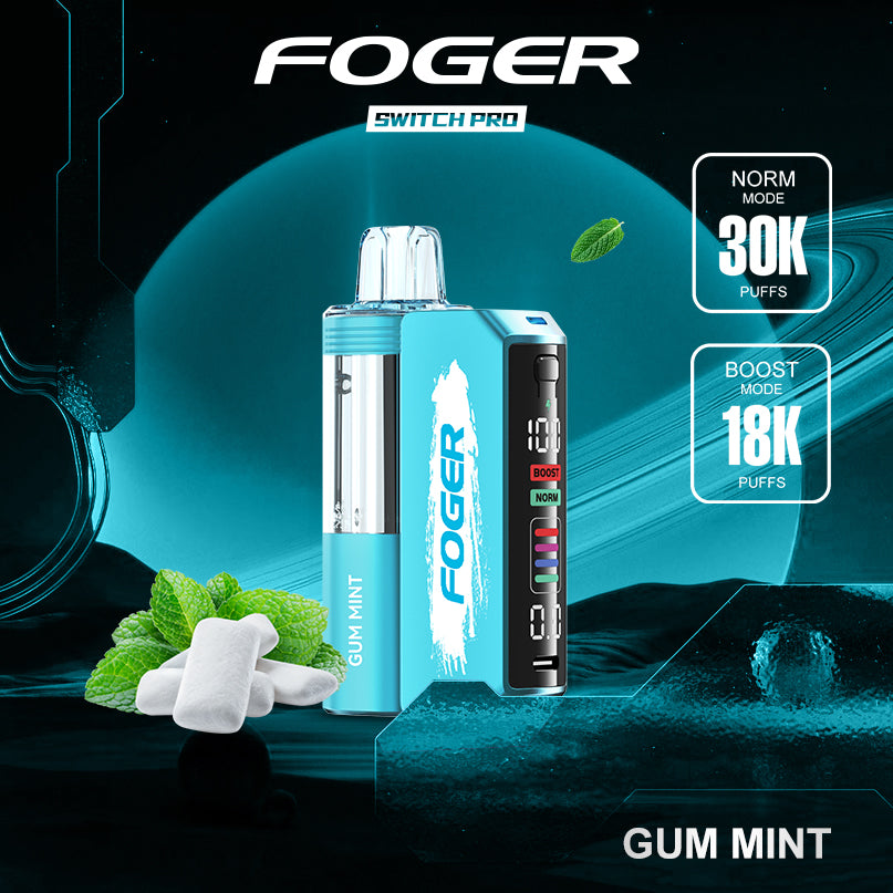 Foger Switch Pro Kit with Gum Mint flavor, offering a minty fresh taste combined with a chewing gum-like sweetness. Designed for 30K puffs, it features dual mesh coils, adjustable airflow, and an OLED screen for an enjoyable and smooth vape experience.