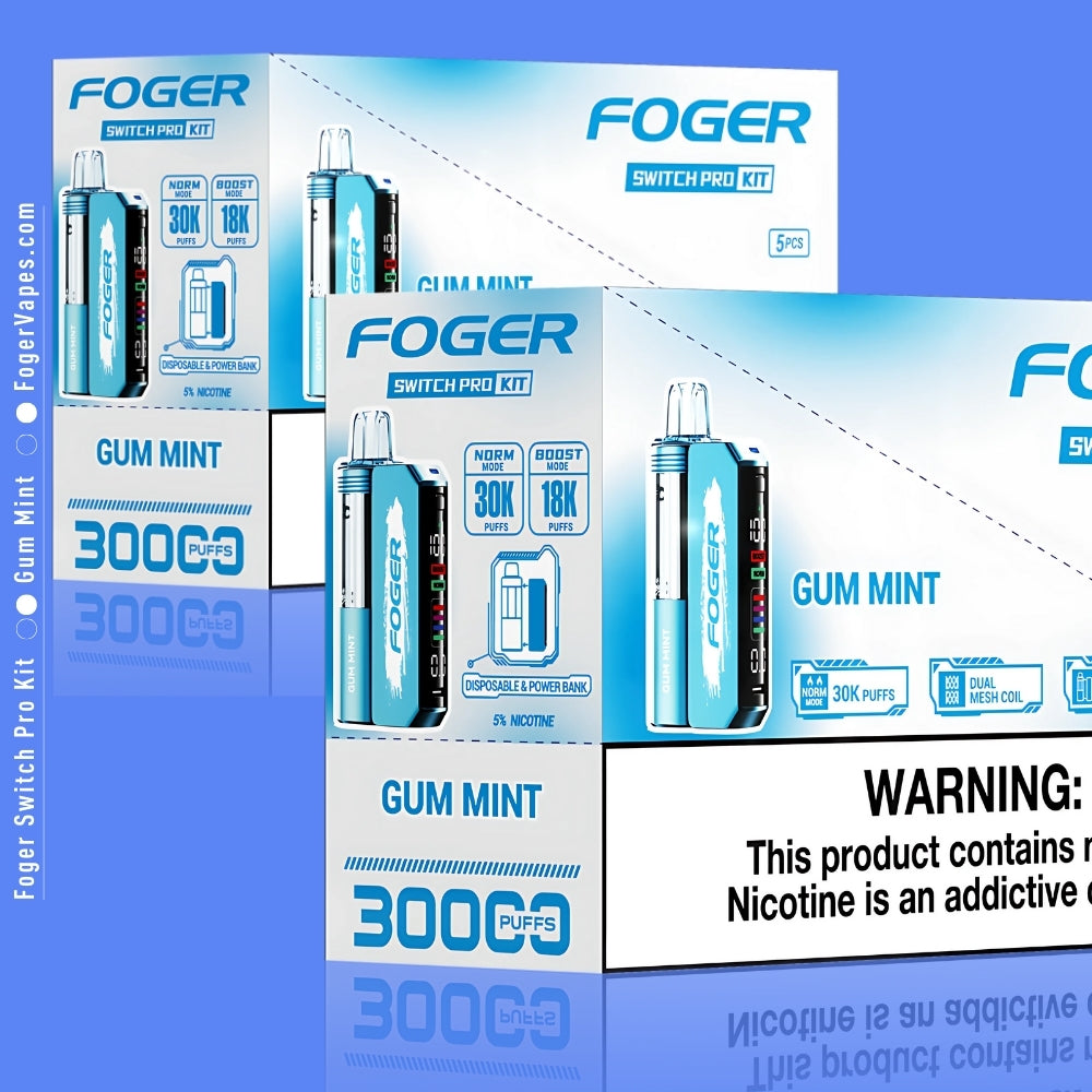 10-pack of Gum Mint Foger Switch Pro Kits with 30K puffs each. Equipped with dual mesh coils, norm and boost modes, and adjustable airflow for enhanced vaping experience. Includes nicotine warning for compliance.