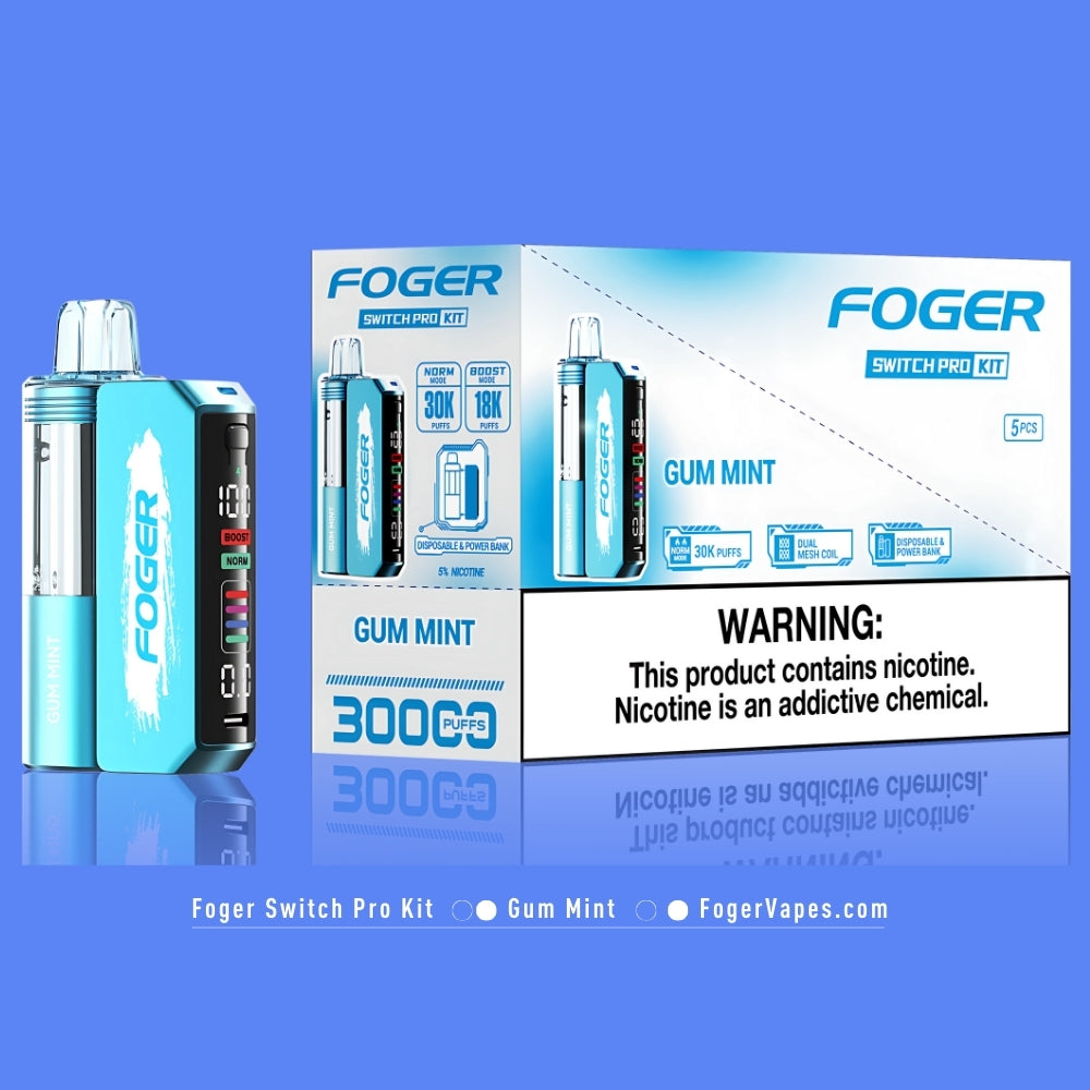 Foger Switch Pro Kit in Gum Mint flavor with a 5-pack box, delivering 30,000 puffs. Features dual mesh coil, OLED screen, and norm and boost modes for personalized vaping. Comes with a nicotine warning label.