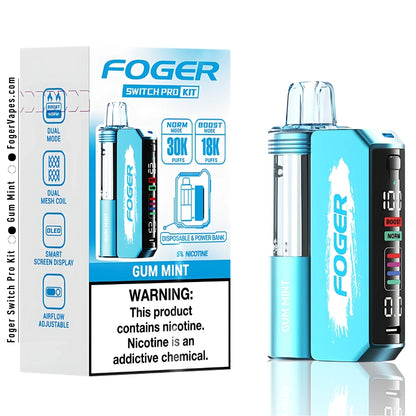 Gum Mint Foger Switch Pro Kit with 30K puffs, dual mesh coil, OLED smart display, and adjustable airflow. Disposable device featuring norm and boost modes, offering a refreshing mint flavor and 5% nicotine content.