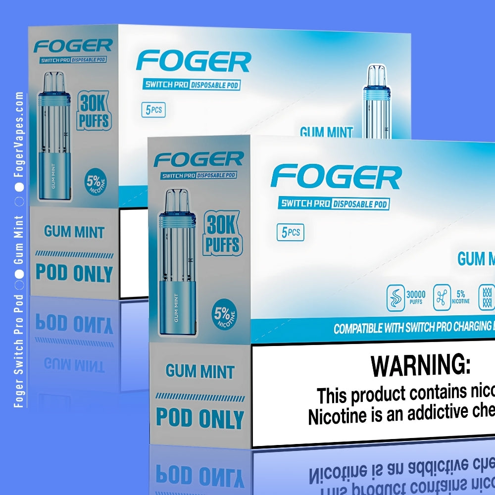 Foger Switch Pro Gum Mint Disposable Pod 10-Pack Premium vape pods with 30,000 puffs each and 5% nicotine strength. The sleek light blue packaging highlights the smooth and refreshing gum mint flavor, combining sweet chewing gum with a cooling minty finish. Featuring dual mesh coil technology, adjustable airflow, and compatibility with the Switch Pro charging device, this product ensures a long-lasting and satisfying vaping experience.