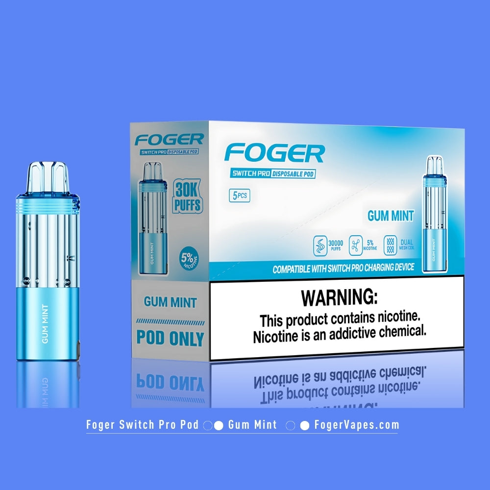 Foger Switch Pro Gum Mint Disposable Pod 5-Pack High-capacity vape pods offering 30,000 puffs each with 5% nicotine strength. The light blue packaging emphasizes the smooth and refreshing gum mint flavor, blending sweet chewing gum with a cool minty finish. Designed with dual mesh coil technology, adjustable airflow, and compatibility with the Switch Pro charging device, this product delivers long-lasting performance and a premium vaping experience.