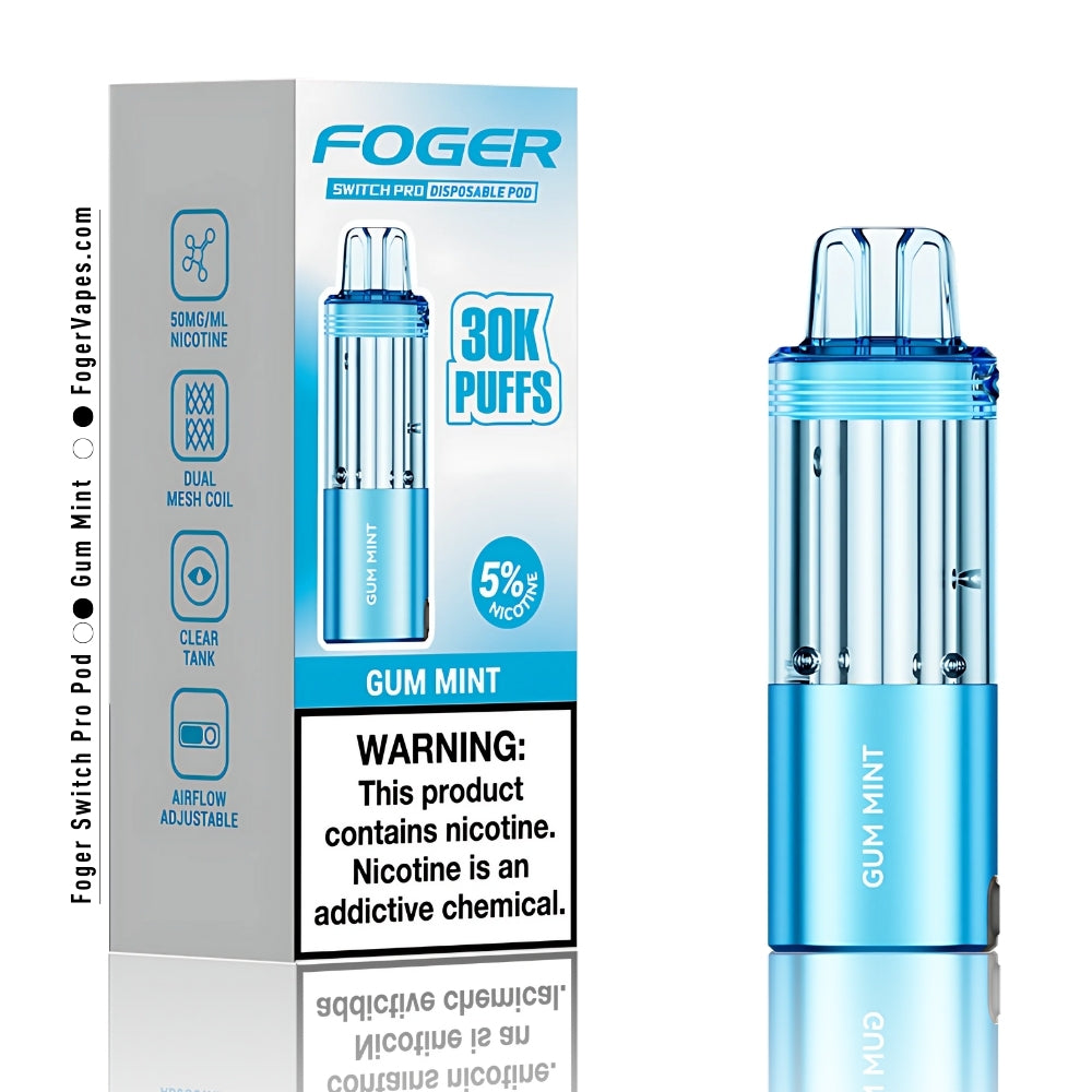 Foger Switch Pro Gum Mint Disposable Pod 30,000 Puffs Vape Device with 5% Nicotine, Dual Mesh Coil, and Adjustable Airflow. The light blue device and packaging highlight the smooth and sweet gum mint flavor, reminiscent of fresh chewing gum with a refreshing minty twist. Perfect for a long-lasting and satisfying vaping experience.