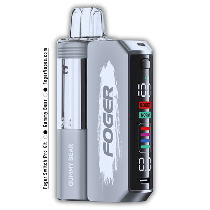 Foger Switch Pro 30K Puffs Disposable Gummy Bear featuring a sleek silver body with white branding, a transparent liquid tank, and a digital display with Boost and Normal puff modes, delivering a sweet and playful gummy bear-inspired vaping experience.