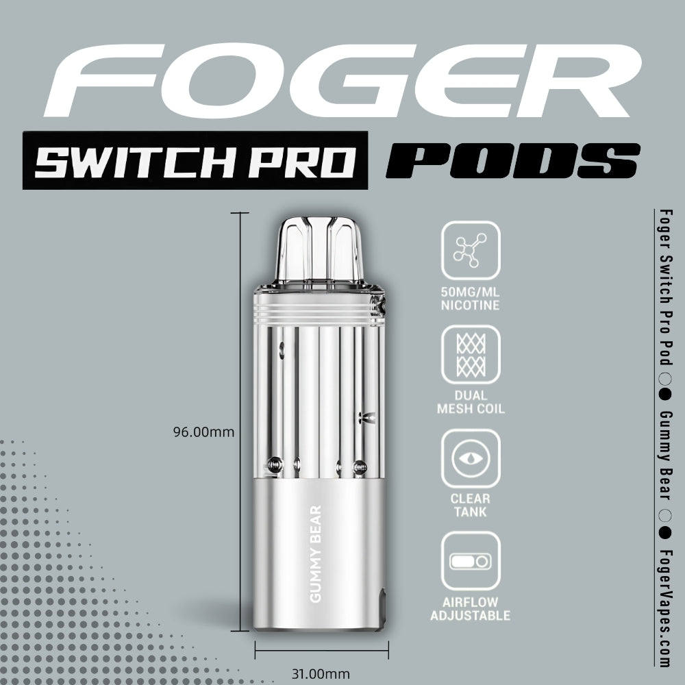 Foger Switch Pro Pod in Gummy Bear flavor, featuring a sleek silver design with a transparent tank, dual mesh coil for smooth vapor production, adjustable airflow, and 50mg/ml nicotine strength. Dimensions (96mm x 31mm) and key features are highlighted against a clean grey background with modern branding.