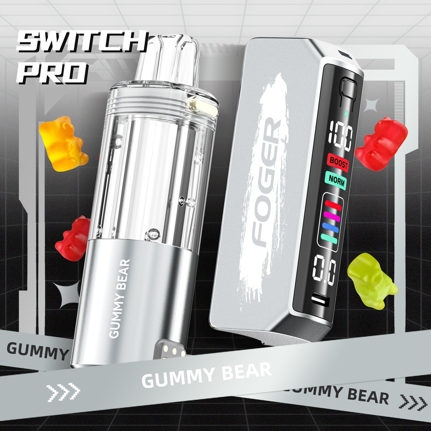 Foger Switch Pro Pod in Gummy Bear flavor, showcasing a silver finish and clear tank. Perfect for up to 30K puffs, this disposable vape brings the sweet and nostalgic taste of gummy bears by Foger Vapes.