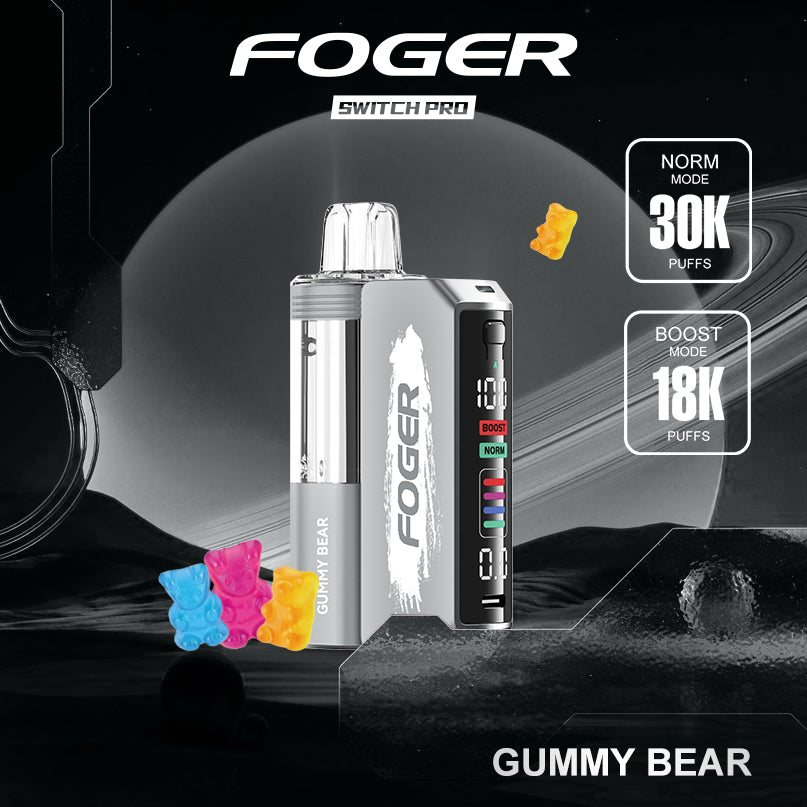 Foger Switch Pro Kit showcasing Gummy Bear flavor with a colorful design inspired by the popular candy. The vape offers up to 30,000 puffs, with dual mesh coils, adjustable airflow, and an OLED display, perfect for those who enjoy sweet and fruity flavors.