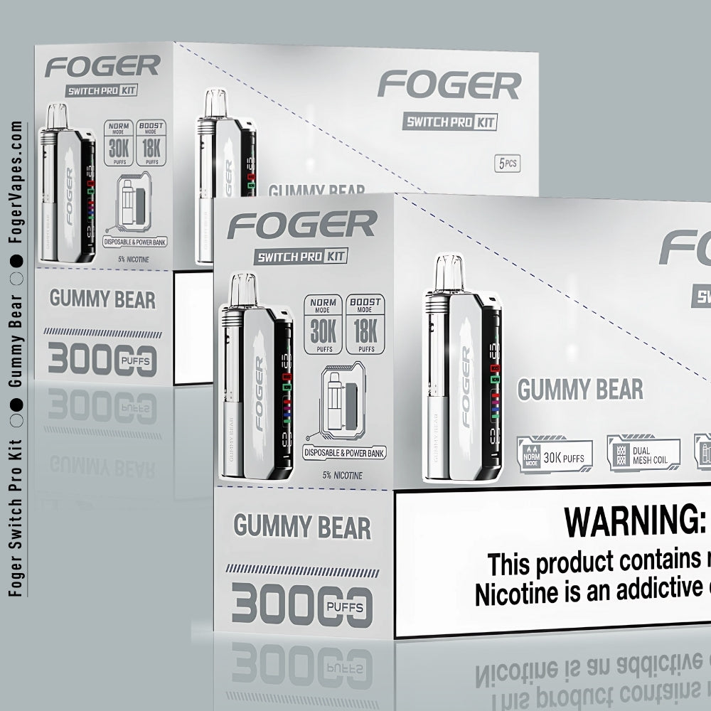 Foger Switch Pro Kit - Gummy Bear flavor, 10 Pack, providing 30,000 puffs per vape. Equipped with dual mesh coil technology for enhanced flavor and vapor, an OLED display for ease of use, and adjustable airflow. This 10 pack of disposable vapes offers 5% nicotine strength and power bank functionality for a long-lasting, customizable vape experience in both normal and boost modes.