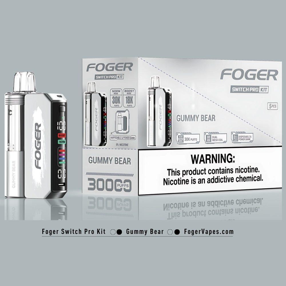 Foger Switch Pro Kit - Gummy Bear flavor, 5 Pack, delivering 30,000 puffs per device. This vape kit features dual mesh coil technology for smooth, rich vapor, a smart OLED screen for monitoring, and adjustable airflow. With a 5% nicotine strength, the 5 pack also includes devices that can function as power banks for extended vaping sessions.