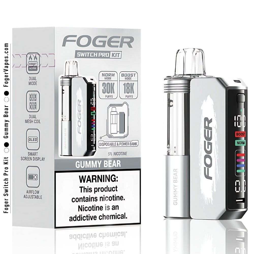 Foger Switch Pro Kit - Gummy Bear flavor, Single Pack, offering 30,000 puffs. The disposable vape comes with dual mesh coil technology for enhanced vapor production, a smart OLED screen, and adjustable airflow. With a 5% nicotine strength, this vape also serves as a power bank, ideal for customizable and long-lasting vaping with both normal and boost modes.