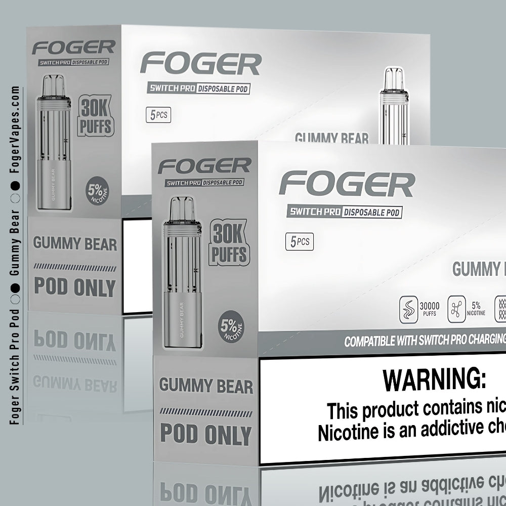 Foger Switch Pro Gummy Bear Disposable Pod 10-Pack Premium vape pods with 30,000 puffs each and 5% nicotine strength. The sleek silver packaging highlights the sweet and nostalgic gummy bear flavor, offering a candy-inspired vaping experience. Featuring dual mesh coil technology, adjustable airflow, and compatibility with the Switch Pro charging device, this product ensures a long-lasting and enjoyable vape session.