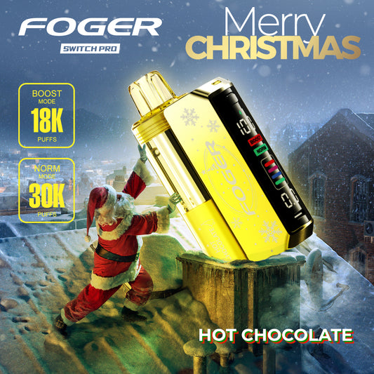 Foger Switch Pro 30K Puffs Holiday Edition Hot Chocolate flavor with festive yellow design. Features dual modes (18K Boost, 30K Norm) and advanced LCD, paired with a fun Santa Claus rooftop scene.