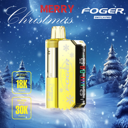 Foger Switch Pro 30K Puffs Holiday Edition Hot Chocolate flavor with a festive design. Features 18K puffs in Boost mode, 30K puffs in Norm mode, and advanced LCD display for a premium vaping experience, set against a snowy winter backdrop.