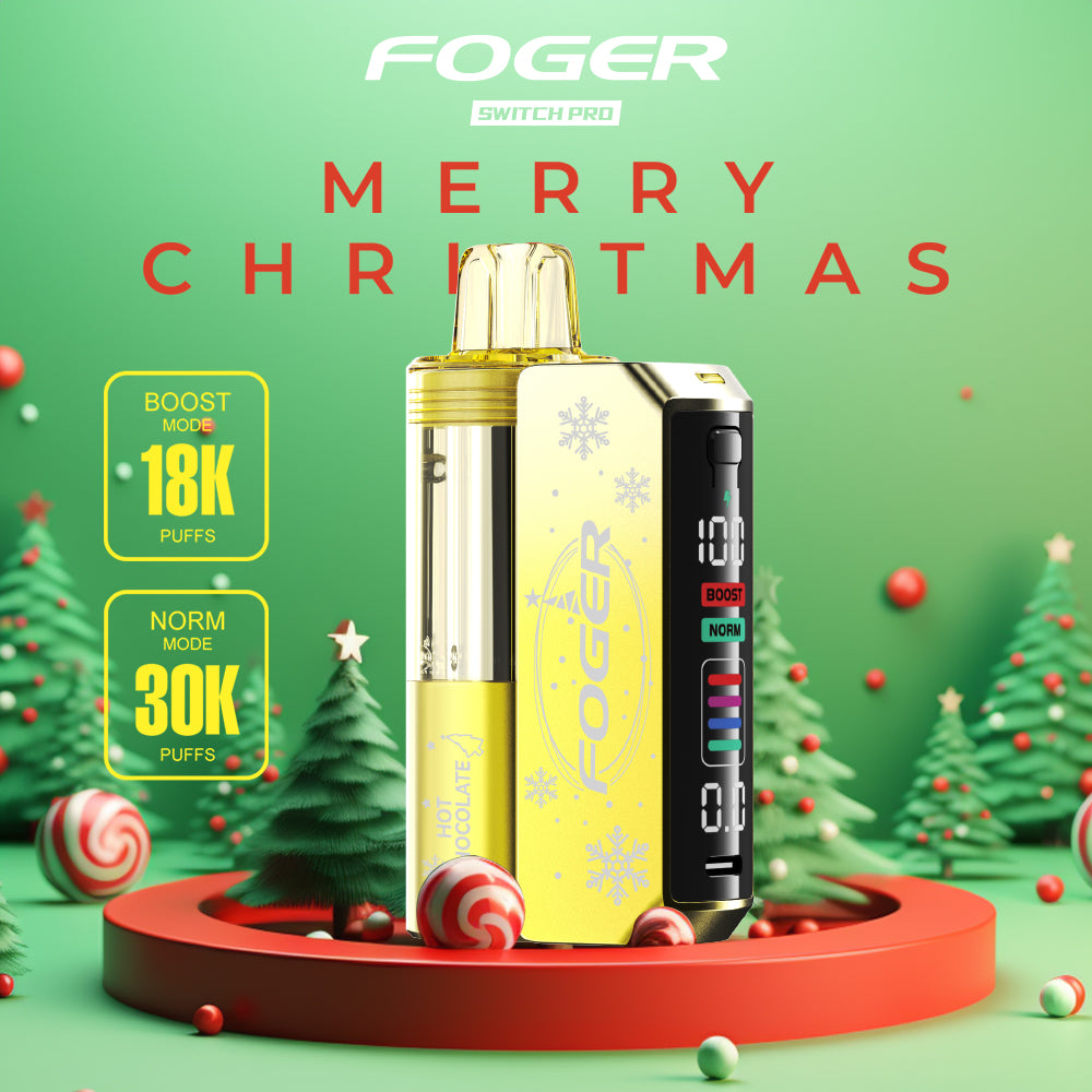 Foger Switch Pro 30K Puffs Hot Chocolate flavor with holiday themed yellow design. Features dual vaping modes (Boost 18K puffs, Norm 30K puffs), adjustable airflow, and advanced LCD, surrounded by festive candy and Christmas trees.