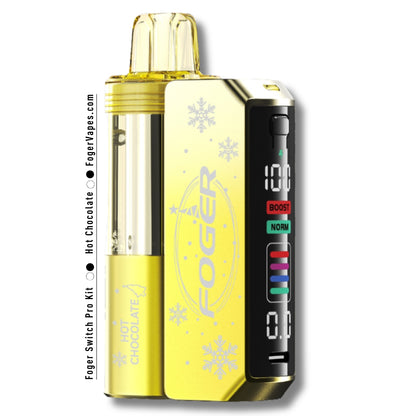 oger Switch Pro 30K Puffs Holiday Edition Hot Chocolate flavor. This limited edition vape features a festive yellow design with snowflake accents, a transparent tank, advanced LCD display for monitoring performance, and dual vaping modes (Boost/Norm) for a premium experience. Perfect for celebrating the season in style.