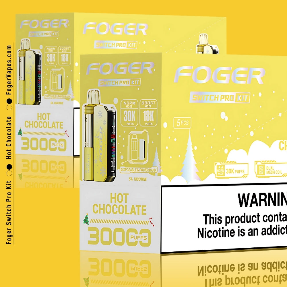 Foger Switch Pro Kit Holiday Edition Hot Chocolate flavor, 10 Pack, offering 30,000 puffs. The disposable vape comes with dual mesh coil technology for enhanced vapor production, a smart OLED screen, and adjustable airflow. With a 5% nicotine strength, this vape also serves as a power bank, ideal for customizable and long-lasting vaping with both normal and boost modes.