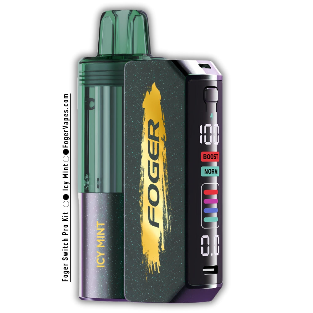 Foger Switch Pro Kit 30K Puffs in Icy Mint flavor, showcasing a modern design with a green transparent tank and gold logo. Features a smart OLED screen displaying Boost and Norm modes, battery life indicators, and colorful power settings. Highlights include adjustable airflow, dual mesh coil technology, and 5% nicotine content.