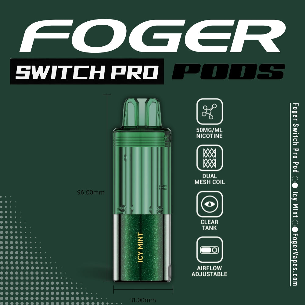 Foger Switch Pro Pod in Icy Mint flavor, 30K Puffs showcasing a sleek green transparent design with a compact build. Highlights include compatibility with the Switch Pro device, adjustable airflow, dual mesh coil technology, and a nicotine concentration of 50mg.