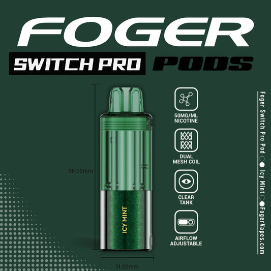 Foger Switch Pro Pod in Icy Mint flavor, 30K Puffs showcasing a sleek green transparent design with a compact build. Highlights include compatibility with the Switch Pro device, adjustable airflow, dual mesh coil technology, and a nicotine concentration of 50mg.