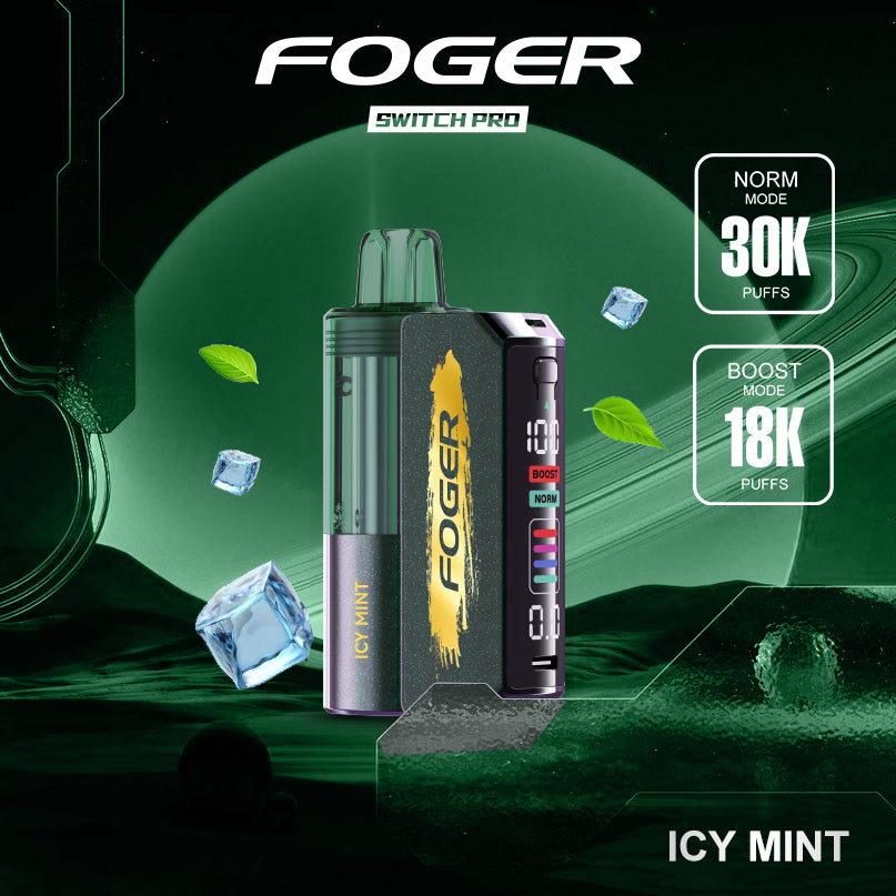 Foger Switch Pro Kit 30K in Icy Mint flavor, showcasing a modern design with a green transparent tank and gold logo. Features a smart OLED screen displaying Boost and Norm modes, battery life indicators, and colorful power settings. Highlights include adjustable airflow, dual mesh coil technology, and 5% nicotine content.