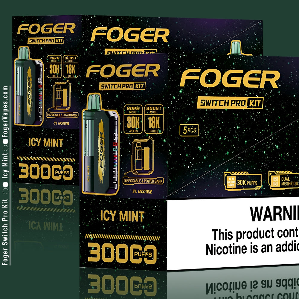 Foger Switch Pro Kit 10-pack in Icy Mint flavor, showcasing dual mode options (Norm: 30,000 puffs and Boost: 18,000 puffs), dual mesh coil, smart OLED screen, and adjustable airflow. Packaging highlights 3000 puffs per unit, 5% nicotine content, and disposable with power bank features.