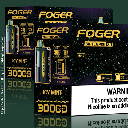 Foger Switch Pro Kit 10-pack in Icy Mint flavor, showcasing dual mode options (Norm: 30,000 puffs and Boost: 18,000 puffs), dual mesh coil, smart OLED screen, and adjustable airflow. Packaging highlights 3000 puffs per unit, 5% nicotine content, and disposable with power bank features.