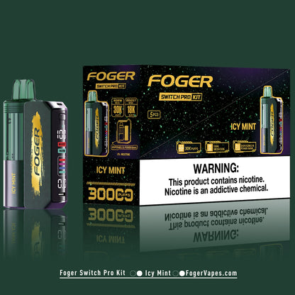 Foger Switch Pro Kit 5-pack in Icy Mint flavor. Features include dual mode (Norm: 30,000 puffs and Boost: 18,000 puffs), dual mesh coil technology, OLED screen display, adjustable airflow, and 5% nicotine. Packaging prominently displays 3000 puffs per unit and disposable functionality with power bank integration.