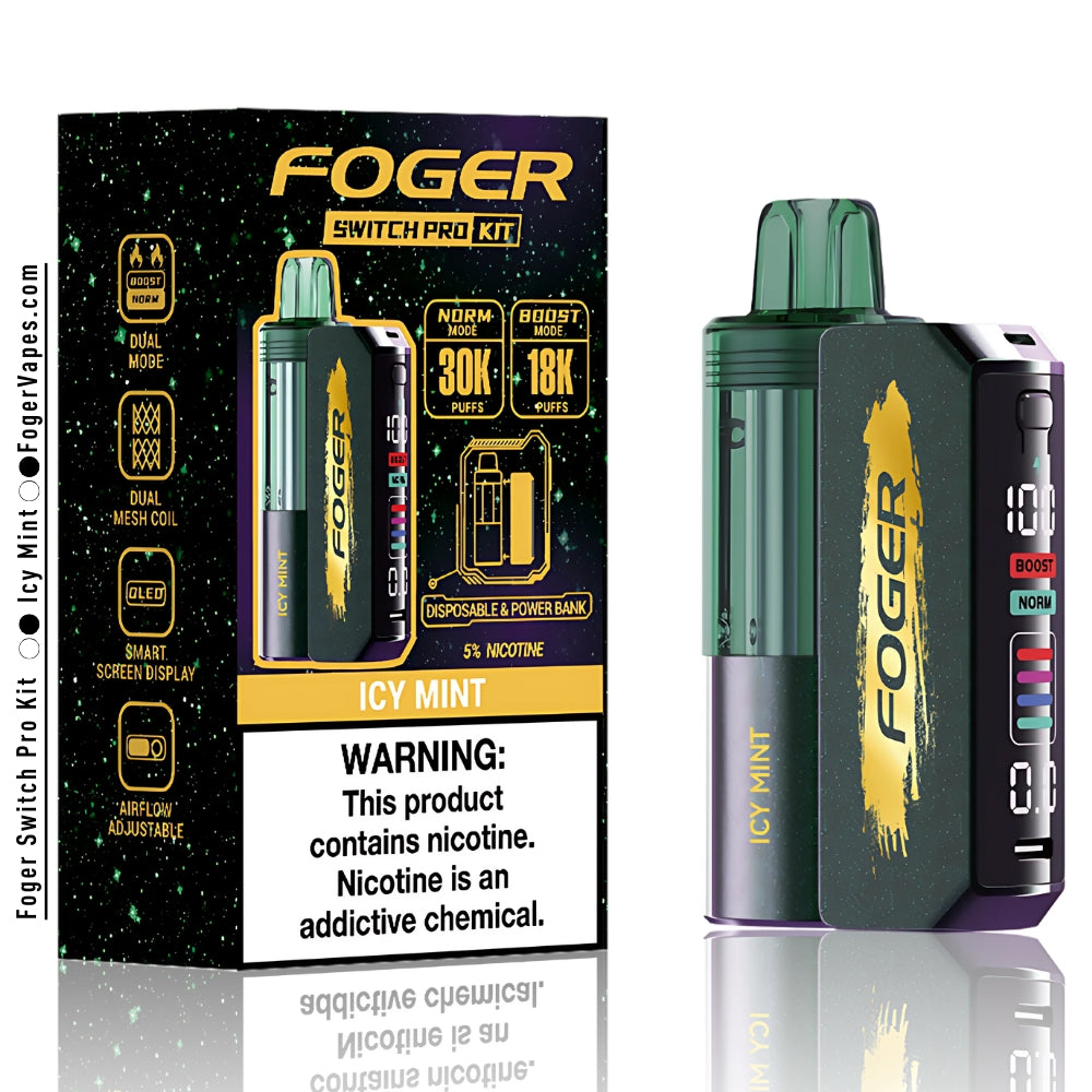 Foger Switch Pro Kit single pack in Icy Mint flavor. Highlights dual mode (Norm: 30,000 puffs and Boost: 18,000 puffs), dual mesh coil, OLED smart screen display, adjustable airflow, and 5% nicotine content. Packaging emphasizes disposable and power bank capabilities.