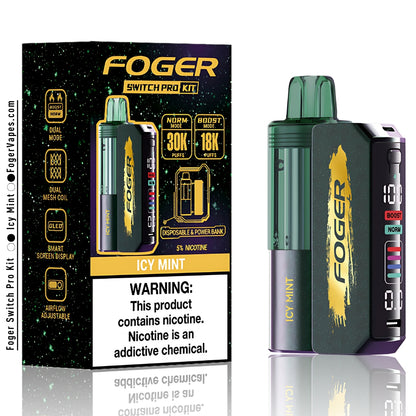 Foger Switch Pro Kit single pack in Icy Mint flavor. Highlights dual mode (Norm: 30,000 puffs and Boost: 18,000 puffs), dual mesh coil, OLED smart screen display, adjustable airflow, and 5% nicotine content. Packaging emphasizes disposable and power bank capabilities.